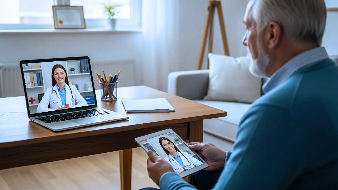 What is telehealth illustrated by a virtual medical consultation between a patient at home and a licensed healthcare provider on a screen